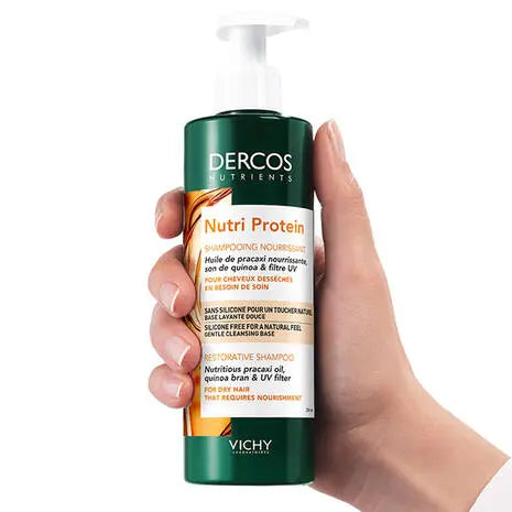 VICHY<br> <b> DERCOS nutrients Nutri protein</b><br><h5>shampooing-cheveux desséchés-250ml</h5>Origine Espagne <img style="vertical-align: middle;" src=" https://shorturl.at/eLY15">