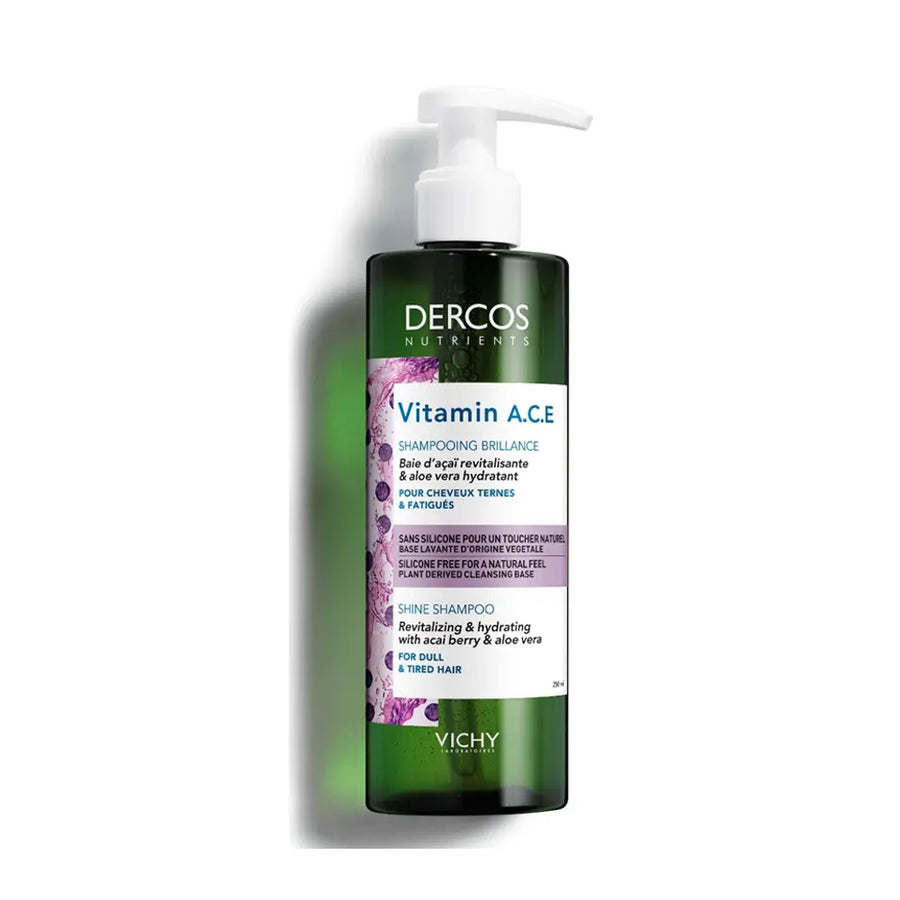 VICHY<br> <b> DERCOS nutrients vitamin A.C.E</b><br><h5>shakmpooing-cheveux ternes-250ml</h5>Origine Espagne <img style="vertical-align: middle;" src=" https://shorturl.at/eLY15">