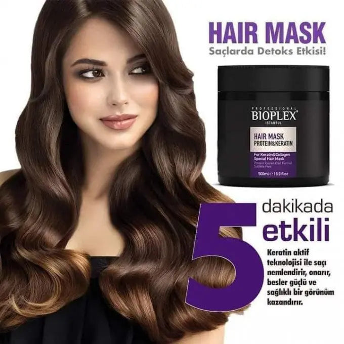 BIOPLEX<br> <b> HAIR MASK PROTEIN & KERATIN</b><br><h5>tous les types de cheveux-500ml</h5>ORIGINE Turquie <img style="vertical-align: middle;" src=" https://shorturl.at/afl23">