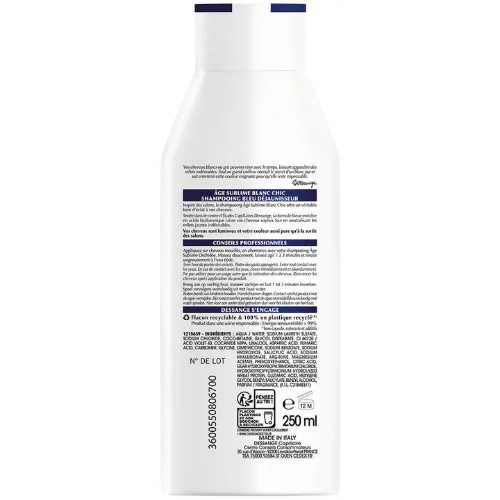 DESSANGE<br> <b> Age sublime blanc chic </b><br>Shampooing bleu déjaunisseur<br><h5>pour cheveux blancs et gris-250ml</h5>Origine France <img style="vertical-align: middle;" src="https://bit.ly/3VT5bp1">