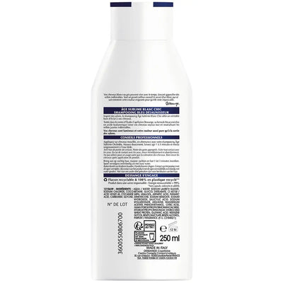 DESSANGE<br> <b> Age sublime blanc chic </b><br>Shampooing bleu déjaunisseur<br><h5>pour cheveux blancs et gris-250ml</h5>Origine France <img style="vertical-align: middle;" src="https://bit.ly/3VT5bp1">