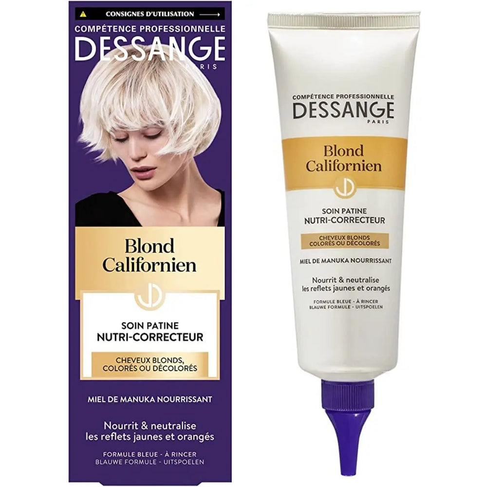 DESSANGE<br> <b> Blond Californien </b><br>soin patine nutri-correcteur<br><h5>masque pour cheveux blonds colorés ou décolorés-125ml</h5>Origine France </h6> <img style="vertical-align: middle;" src=" https://shorturl.at/bDMR9">