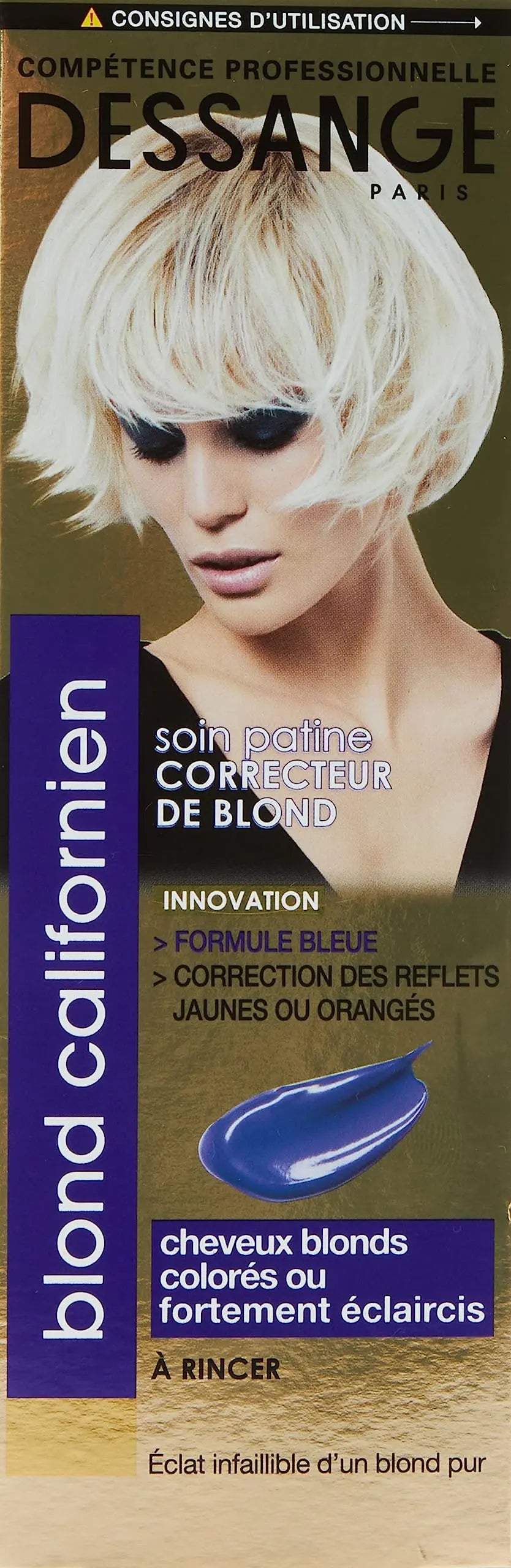 DESSANGE<br> <b>Blond Californien</b><br><h5> soin patine correcteur de blond<br>Masque -125ml</h5>Origine France </h6> <img style="vertical-align: middle;" src=" https://shorturl.at/bDMR9">