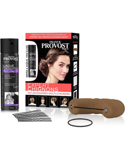 FRANCK PROVOST<br> <b> EXPERT CHIGNONS</b><br><h5>kit accessoires Multi-chignons+ laque-</h5>Origine France <img style="vertical-align: middle;" src=" https://shorturl.at/bDMR9">