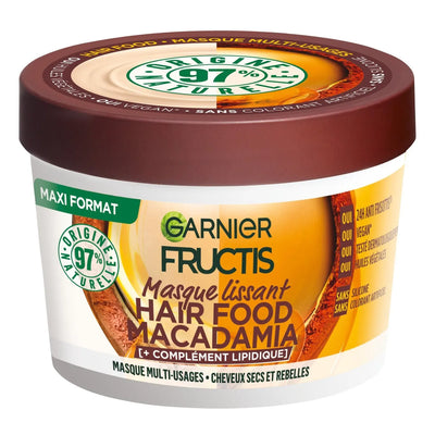 GARNIER<br> <b> FRUCTIS HAIR FOOD MACADAMIA</b><br><h5>masque lissant pour cheveux Secs-390ml</h5>Origine France <img style="vertical-align: middle;" src=" https://shorturl.at/bDMR9">