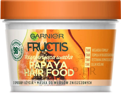 GARNIER<br> <b> FRUCTIS HAIR FOOD PAPAYE</b><br><h5>masque réparateur pour cheveux humides-390ml</h5>Origine France <img style="vertical-align: middle;" src=" https://shorturl.at/bDMR9">