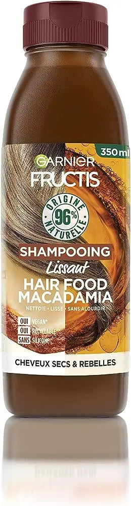 GARNIER<br> <b> FRUCTIS lissant HAIR FOOD MACADAMIA</b><br><h5>shampooing Lissant pour cheveux Secs-350ml</h5>Origine France <img style="vertical-align: middle;" src=" https://shorturl.at/bDMR9">