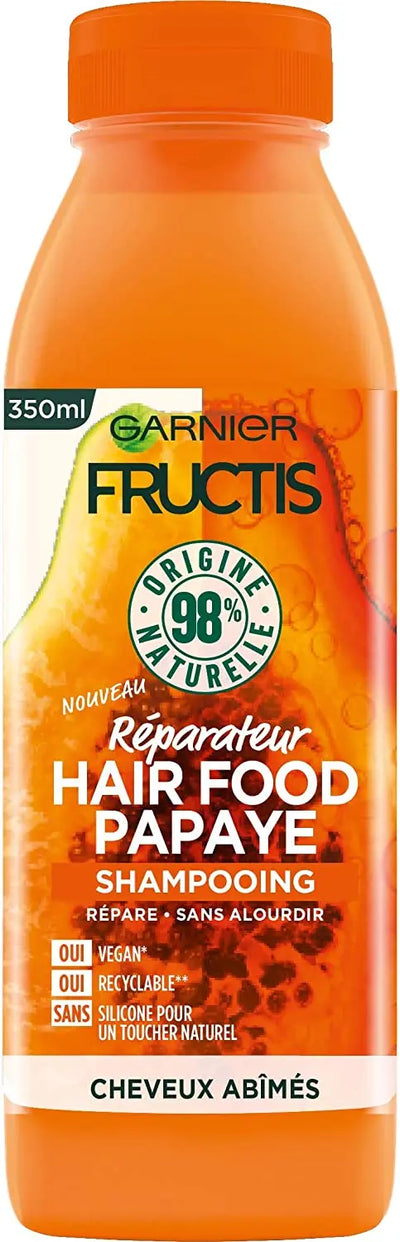 GARNIER<br> <b> FRUCTIS Réparateur HAIR FOOD PAPAYE</b><br><h5>shampooing Réparateur-350ml</h5>Origine France <img style="vertical-align: middle;" src=" https://shorturl.at/bDMR9">