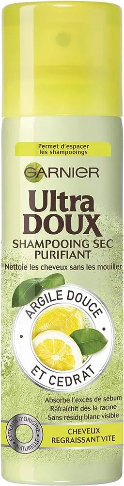 GARNIER<br> <b> ULTRA DOUX SHAMPOOING sec purifiant argile douce et cedrat</b><br><h5> pour cheveux secs-150ml</h5>Origine France <img style="vertical-align: middle;" src=" https://shorturl.at/bDMR9">