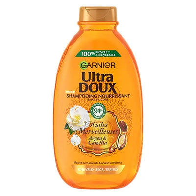 GARNIER<br> <b> SHAMPOOING NOURRISSANT, huiles merveilleuses agran et camélia</b><br><h5>cheveux secs, ternes-300ml</h5>Origine France <img style="vertical-align: middle;" src=" https://shorturl.at/bDMR9">