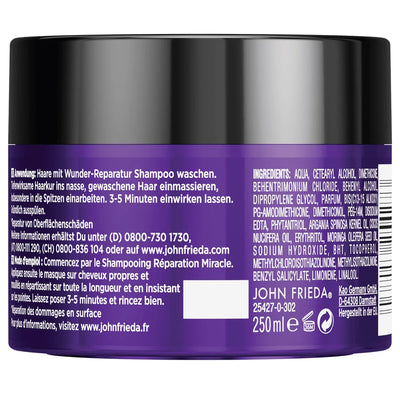 JOHN FRIEDA<br> <b> FRIZZ EASE réparation miracle</b><br><h5>masque intensif-cheveux secs-250ml</h5>Origine France </h6> <img style="vertical-align: middle;" src=" https://shorturl.at/bDMR9">