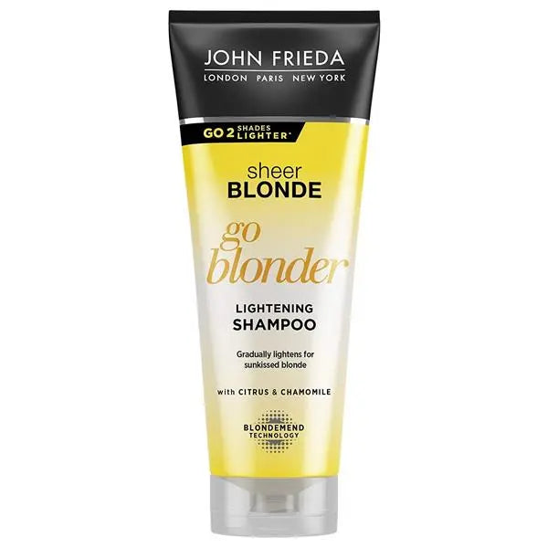 JOHN FRIEDA<br> <b> SHEER BLONDE </b><br>GO BLONDER LIGHTENING SHAMPOO<br><h5>Shampooing-cheveux colorés-175ml</h5>Origine Angleterre <img style="vertical-align: middle;" src=" https://shorturl.at/qvUZ6">