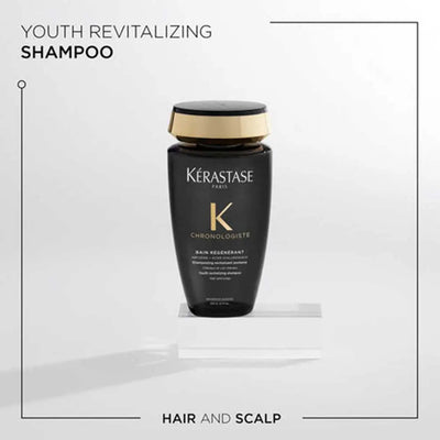 Kérastase <br> <b>chronologique bain régénérant</b> <br> <h5>Shampoing cheveux et cuir chevelu - 250 ml </h5>Origine Europe <img style="vertical-align: middle;" src="https://shorturl.at/stvQ3">