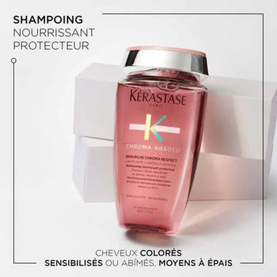 Kérastase <br> <b>CHROMA ABSOLU BAIN RICHE CHROMA RESPECT</b> <br> <h5>Shampoing tous types de cheveux - 250 ml </h5>Origine Europe <img style="vertical-align: middle;" src="https://shorturl.at/stvQ3">