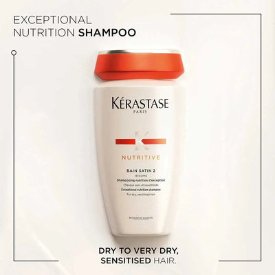 Kérastase <br> <b>NUTRITIVE BAIN SATIN 2</b> <br> <h5>Shampoing cheveux secs - 250 ml </h5>Origine Europe <img style="vertical-align: middle;" src="https://shorturl.at/stvQ3">