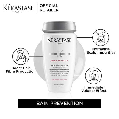 Kérastase <br> <b>SPECIFIQUE BAIN PREVENTION</b> <br> <h5>Shampoing cheveux normaux - 250 ml </h5>Origine Europe <img style="vertical-align: middle;" src="https://shorturl.at/stvQ3">