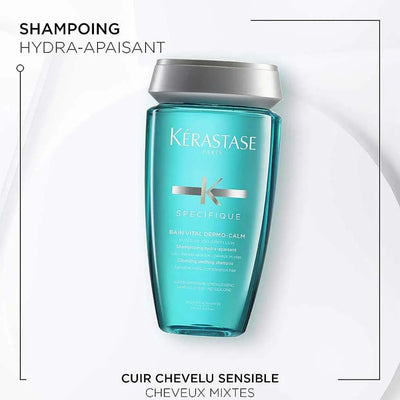 Kérastase <br> <b>SPECIFIQUE BAIN VITAL DERMO-CALM</b> <br> <h5>Shampoing cheveux mixtes - 250 ml </h5>Origine Europe <img style="vertical-align: middle;" src="https://shorturl.at/stvQ3">