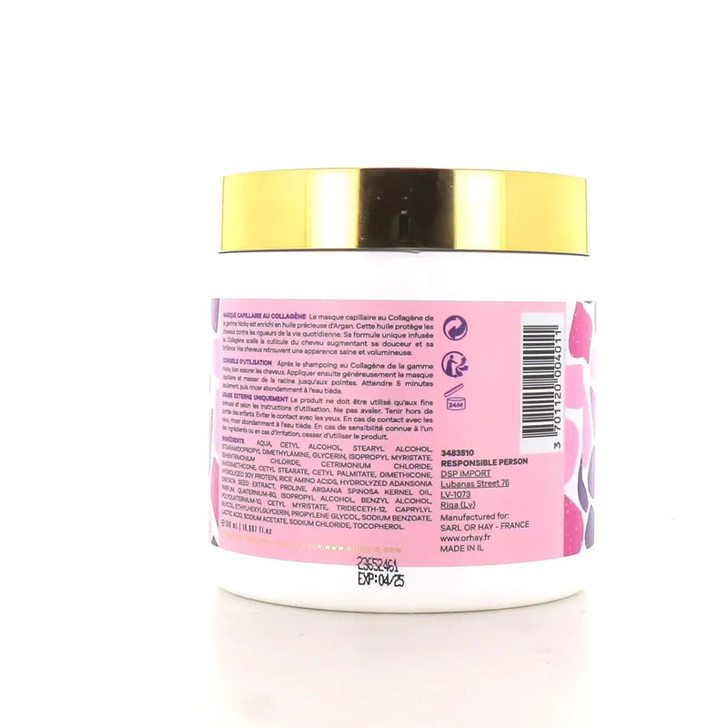 NICKY paris<br> <b> MASQUE CAPILLAIRE AU COLLAGENE</b><br>répare et apporte volume<br><h5>500ml</h5>Origine France <img style="vertical-align: middle;" src=" https://shorturl.at/bDMR9">