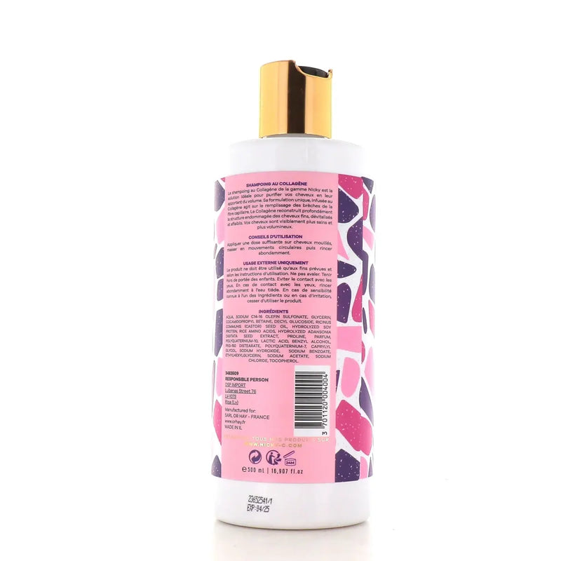 NICKY paris<br> <b> SHAMPOOING AU COLLAGENE</b><br>répare et apporte volume<br><h5>pour cheveux fins et sans -500ml</h5>Origine France <img style="vertical-align: middle;" src=" https://shorturl.at/bDMR9">