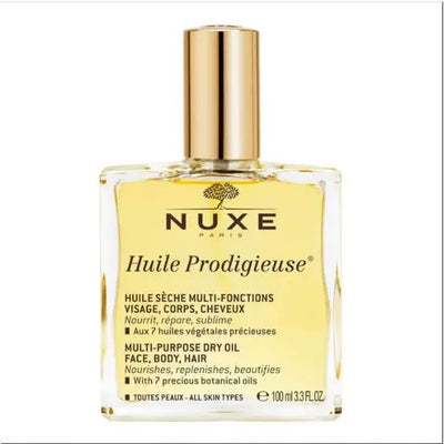 NUXE<br> <b> HUILE PRODIGIEUSE aux 7 huiles végétales présieuses</b><br><h5>100ml</h5>Origine France </h6> <img style="vertical-align: middle;" src=" https://shorturl.at/bDMR9">