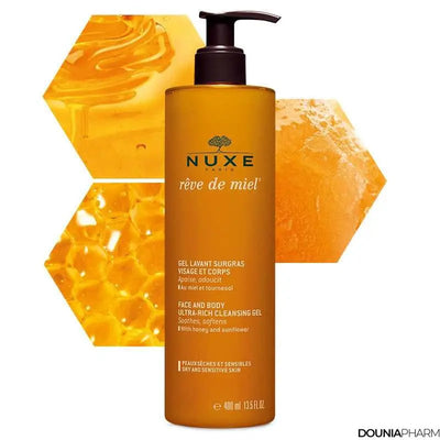 NUXE<br> <b> Rêve de miel gel lavant surgras</b><br><h5>Gel douche-400ml</h5>Origine France </h6> <img style="vertical-align: middle;" src=" https://shorturl.at/bDMR9">