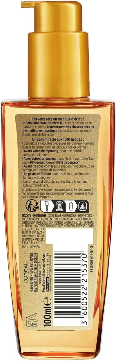 L'Oréal Paris<br><b> Elseve Huile Extraordinaire Universelle</b><br><h5>Huile Cheveux - Soin Sublimateur<br>Secs-100 ml</h5>Origine France<img style="vertical-align: middle;" src="https://bit.ly/3VT5bp1">