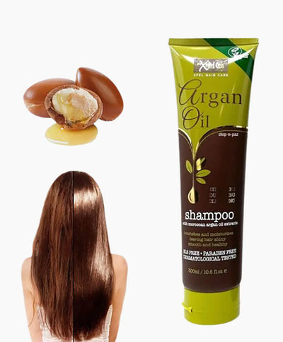 XHC<br><b> Argan Oil shampooing</b><br><h5><br> à l'extrait d'huile d'argan marocaine - 300 ml<br> tous les types de cheveux</h5>Origine Angleterre <img style="vertical-align: middle;" src=" https://shorturl.at/qvUZ6">