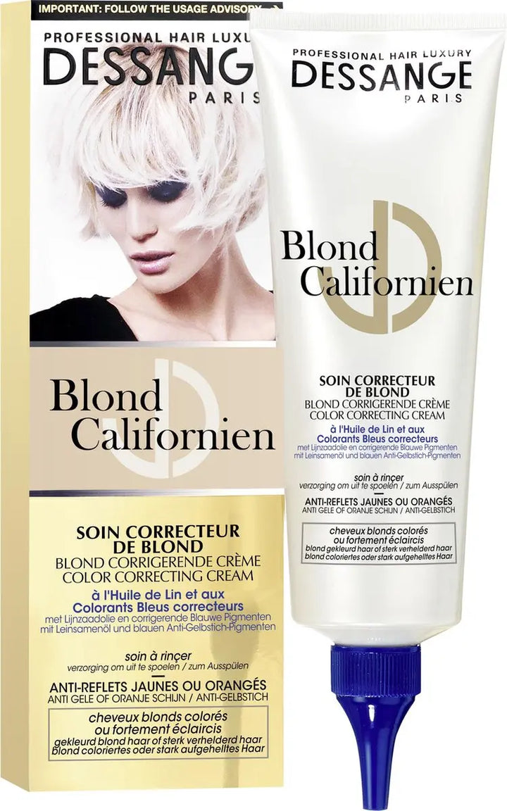 DESSANGE<br> <b> Blond Californien</b><br><h5> soin patine correcteur de blond <br> Masque-cheveux blonds-125ml</h5>Origine France </h6> <img style="vertical-align: middle;" src=" https://shorturl.at/bDMR9">