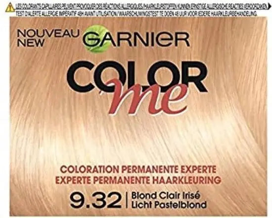 GARNIER<br> <b> COLOR ME 9.32 Blond Clair Irisé</b><br><h5>Coloration cheveux-60/40/40ml</h5>Origine France <img style="vertical-align: middle;" src=" https://shorturl.at/bDMR9">