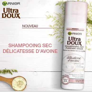 GARNIER<br> <b> ULTRA SUAVE delicadera de aveia creme de arroz & leite de aveia</b><br><h5> pour cheveux fins-150ml</h5>Origine Espagne <img style="vertical-align: middle;" src=" https://shorturl.at/eLY15">