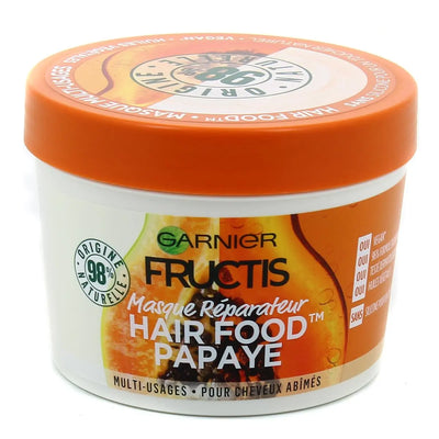 GARNIER<br> <b> FRUCTIS HAIR FOOD PAPAYE</b><br><h5>masque réparateur pour cheveux humides-390ml</h5>Origine France <img style="vertical-align: middle;" src=" https://shorturl.at/bDMR9">