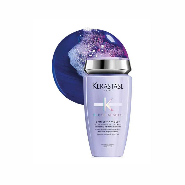 Kérastase <br> <b>BLOND ABSOLU BAIN ULTRA – VIOLET</b> <br> <h5>Shampoing cheveux blonds et gris - 250 ml </h5>Origine Europe <img style="vertical-align: middle;" src="https://shorturl.at/stvQ3">