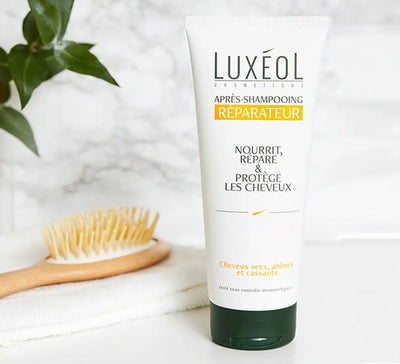 LUXEOL<br> <b> Après Shampooing Réparateur</b> <br><h5>cheveux secs, abîmés et cassants-200ml</h5>Origine France <img style="vertical-align: middle;" src=" https://shorturl.at/bDMR9">