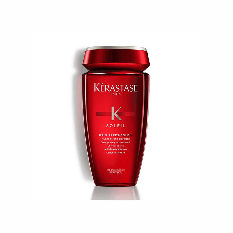 Kérastase <br> <b>SOLEIL BAIN APRES–SOLEIL</b> <br> <h5>Shampoing cheveux exposés au soleil - 250 ml </h5>Origine Europe <img style="vertical-align: middle;" src="https://shorturl.at/stvQ3">