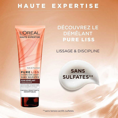 L'Oréal Paris<br><b>Haute Expertise Pure Liss</b><br><h5>Démêlant Sans Sulfate cheveux frisottants - 250 ml </h5>Origine France <img style="vertical-align: middle;" src=" https://shorturl.at/bDMR9">