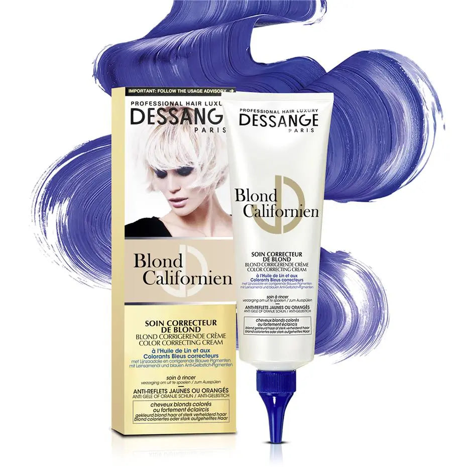 DESSANGE<br> <b> Blond Californien</b><br><h5> soin patine correcteur de blond <br> Masque-cheveux blonds-125ml</h5>Origine France </h6> <img style="vertical-align: middle;" src=" https://shorturl.at/bDMR9">