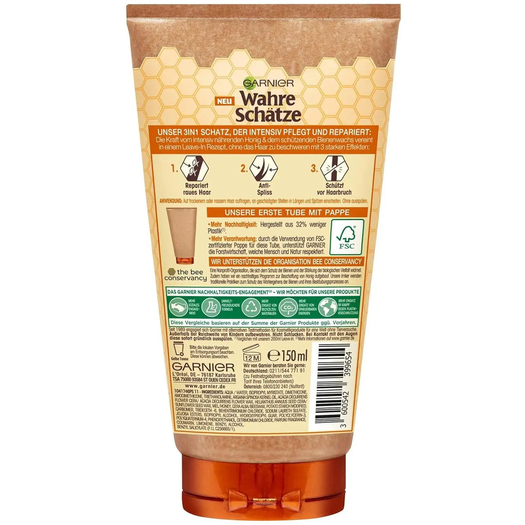 GARNIER<br> <b>WAHRE SCHATZE</b><br>REPARIERENDES 3 IN 1 LEAVE-IN<br><h5>cheveux rugus-150ml</h5>Origine Turquie <img style="vertical-align: middle;" src=" https://shorturl.at/cyMX1">