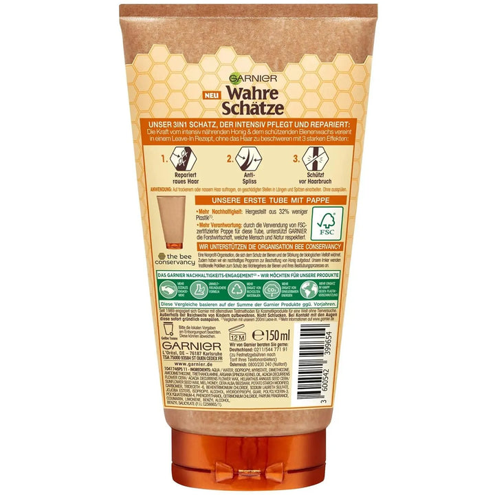 GARNIER<br> <b>WAHRE SCHATZE</b><br>REPARIERENDES 3 IN 1 LEAVE-IN<br><h5>cheveux rugus-150ml</h5>Origine Turquie <img style="vertical-align: middle;" src=" https://shorturl.at/cyMX1">