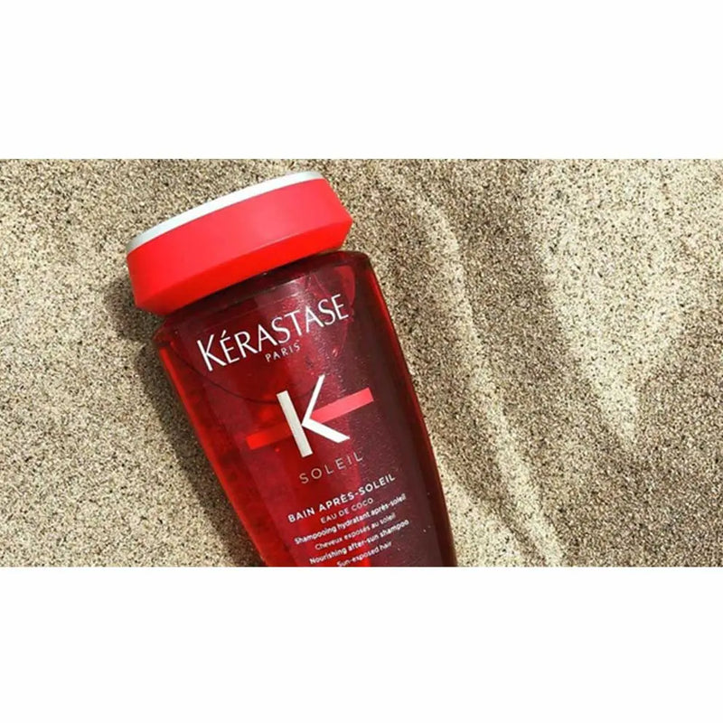 Kérastase <br> <b>SOLEIL BAIN APRES–SOLEIL</b> <br> <h5>Shampoing cheveux exposés au soleil - 250 ml </h5>Origine Europe <img style="vertical-align: middle;" src="https://shorturl.at/stvQ3">