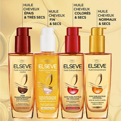 L'Oréal Paris<br><b> Elseve Huile Extraordinaire Universelle</b><br><h5>Huile Cheveux - Soin Sublimateur<br>Secs-100 ml</h5>Origine France<img style="vertical-align: middle;" src="https://bit.ly/3VT5bp1">