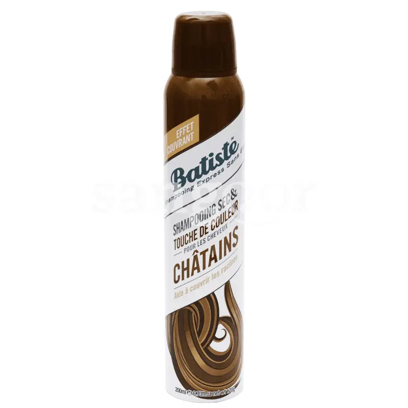 Batiste<br> <b> Shampoing sec pour cheveux Chatains</b><br><h5>200ml</h5>Origine France </h6> <img style="vertical-align: middle;" src=" https://shorturl.at/bDMR9">