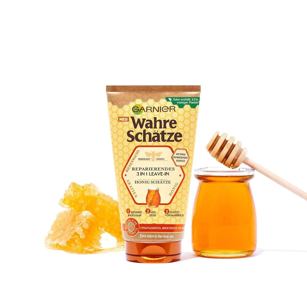 GARNIER<br> <b>WAHRE SCHATZE</b><br>REPARIERENDES 3 IN 1 LEAVE-IN<br><h5>cheveux rugus-150ml</h5>Origine Turquie <img style="vertical-align: middle;" src=" https://shorturl.at/cyMX1">