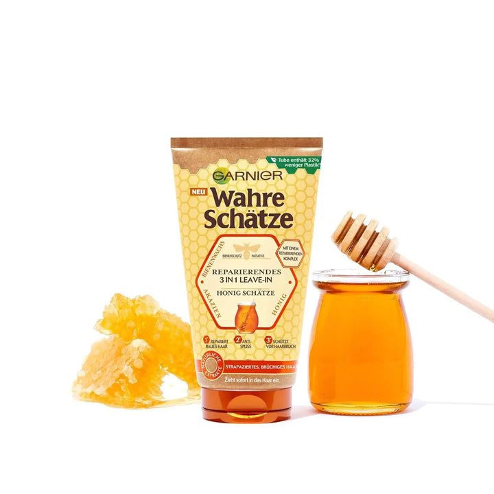 GARNIER<br> <b>WAHRE SCHATZE</b><br>REPARIERENDES 3 IN 1 LEAVE-IN<br><h5>cheveux rugus-150ml</h5>Origine Turquie <img style="vertical-align: middle;" src=" https://shorturl.at/cyMX1">