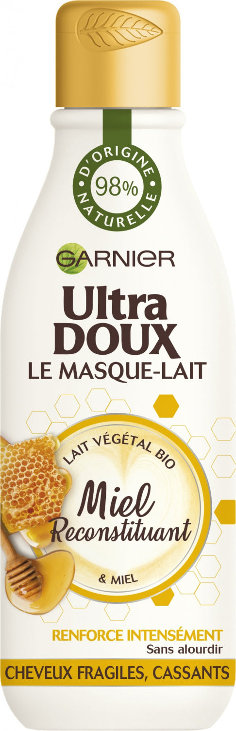 GARNIER<br> <b>ULTRA DOUX</b><br>Masque lait, Miel Reconstituant, lait végétal & miel<br><h5>cheveux fragiles, cassants-250ml</h5>