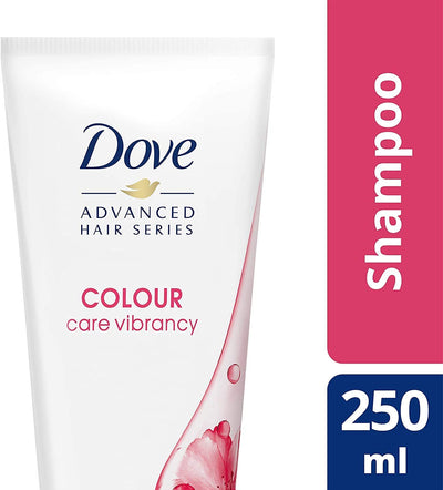 DOVE<br> <b>ADVANCED HAIR SERIES</b><br>Color care vibrancy<br><h5>Shampooing cheveux traités de couleur-250ml</h5>Origine Europe <img style="vertical-align: middle;" src="https://shorturl.at/stvQ3">