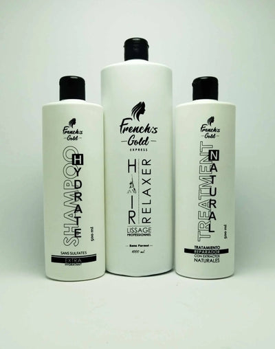 French's gold<br> <b> Pack French's Gold</b><br><h5>Hair Relaxer, lissage professionnel-1000ml</h5>Origine Brazil<img style="vertical-align: middle;" src=" https://shorturl.at/tvBJ6">