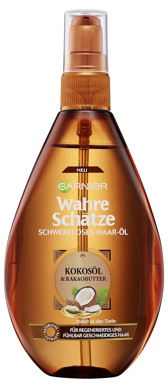 GARNIER<br> <b>WAHRE SCHATZE</b><br>SCWERLOSES HAAR-OL, <br><h5>cheveux normaux et indisciplinés-150ml</h5>Origine Turquie <img style="vertical-align: middle;" src=" https://shorturl.at/cyMX1">