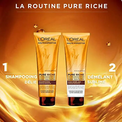 L'Oréal Paris<br><b>Haute Expertise Pure Riche</b><br><h5>Shampooing Sans Sulfate cheveux Desséchés - 250 ml </h5>Origine France <img style="vertical-align: middle;" src=" https://shorturl.at/bDMR9">