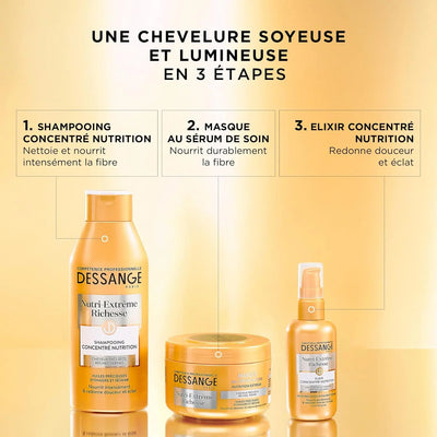 DESSANGE<br> <b>Nutri-Extrême Richesse</b><br><h5>Masque Cheveux rêches, très desséchés, ternes-250ml</h5>Origine France </h6> <img style="vertical-align: middle;" src=" https://bit.ly/3XSoZct">  Seven-dz 