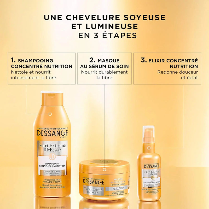 DESSANGE<br> <b>Nutri-Extrême Richesse</b><br><h5>Masque Cheveux rêches, très desséchés, ternes-250ml</h5>Origine France </h6> <img style="vertical-align: middle;" src=" https://bit.ly/3XSoZct">  Seven-dz 
